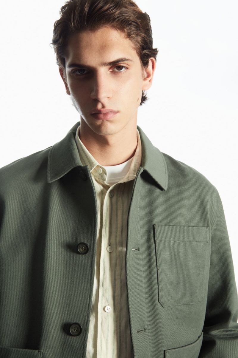 Men's COS Cotton-Twill Utility Jackets Green NZ-63KQZEIYC