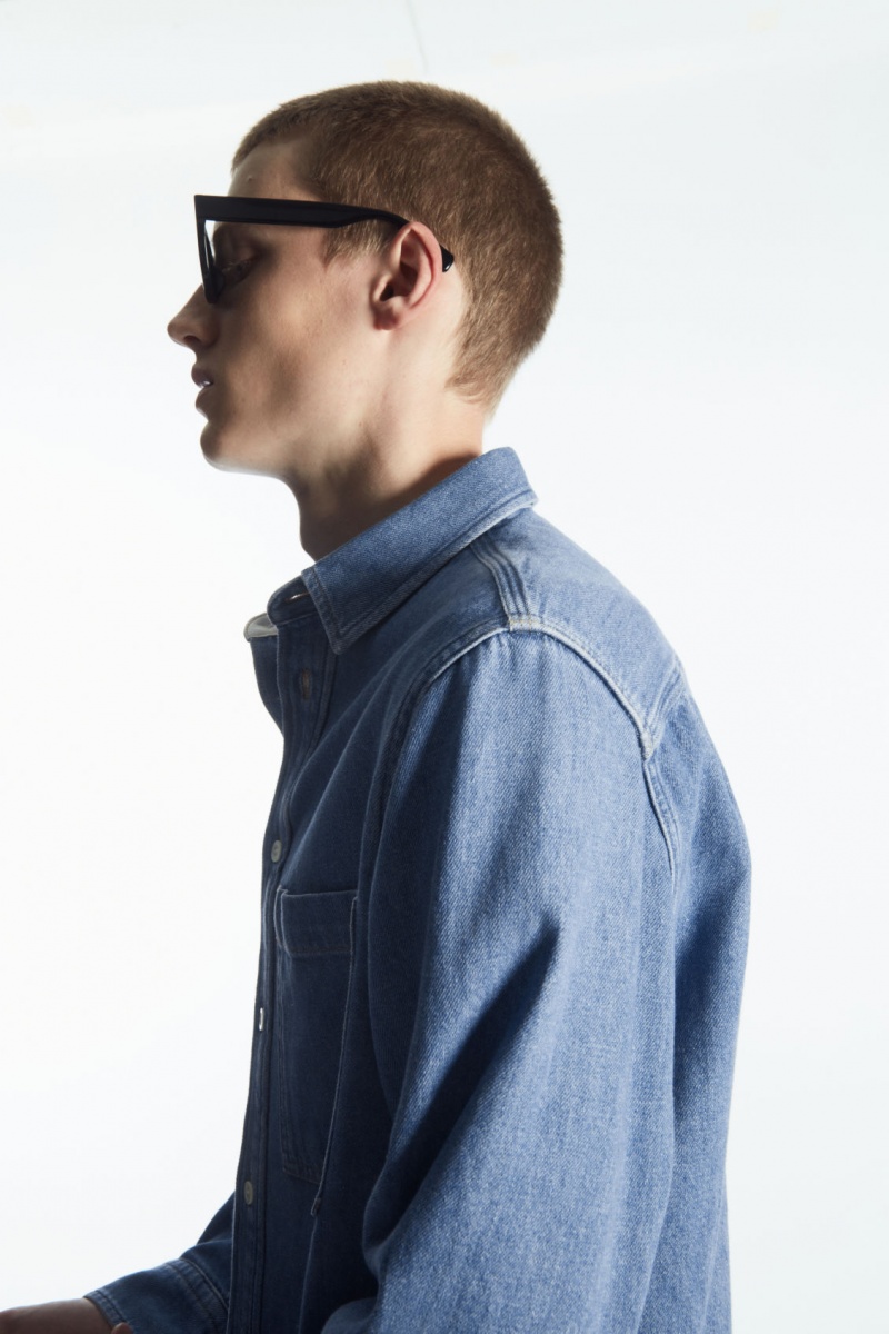 Men's COS Cotton And Linen-Blend Denim Shirts Blue NZ-24VWJGFMN