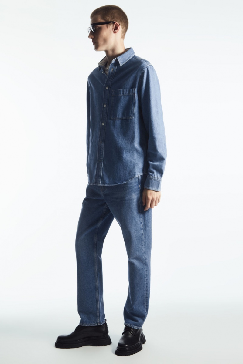 Men's COS Cotton And Linen-Blend Denim Shirts Blue NZ-24VWJGFMN