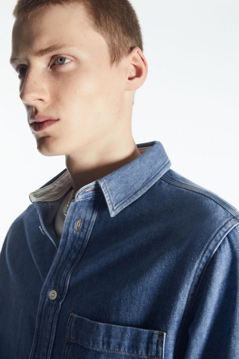 Men's COS Cotton And Linen-Blend Denim Shirts Blue NZ-24VWJGFMN