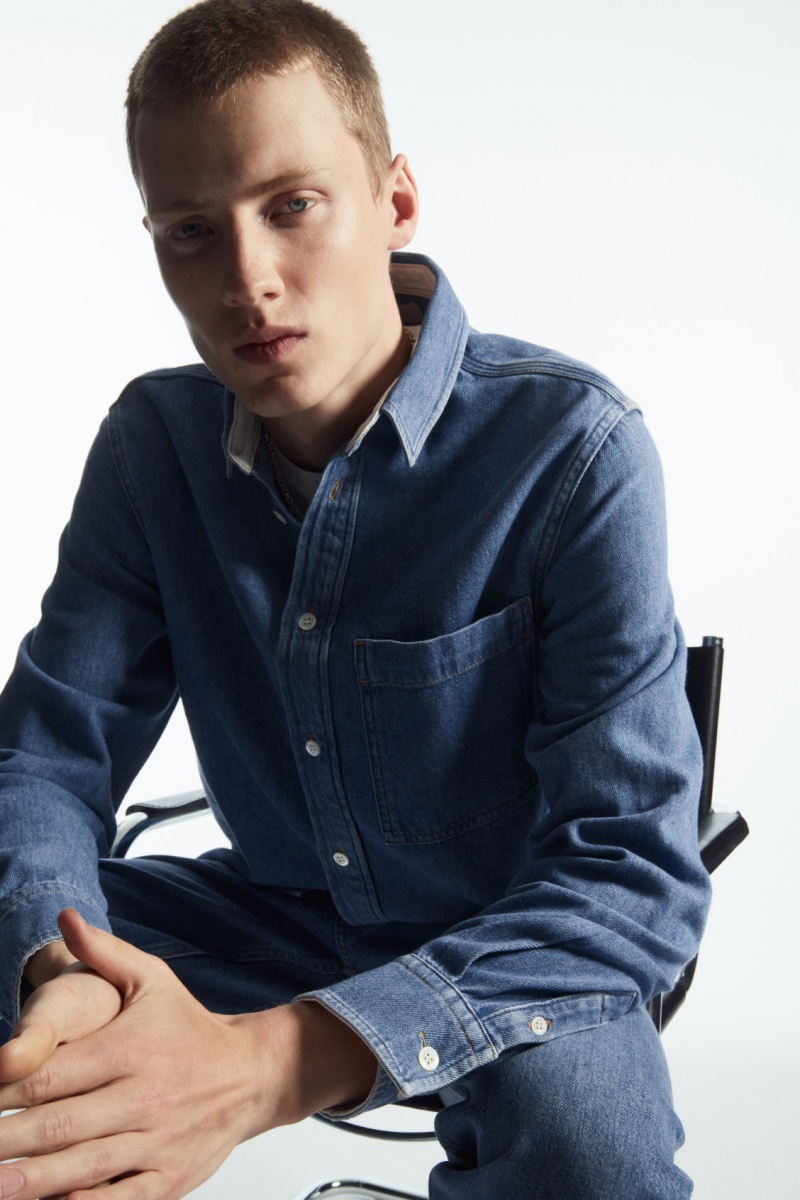 Men's COS Cotton And Linen-Blend Denim Shirts Blue NZ-24VWJGFMN