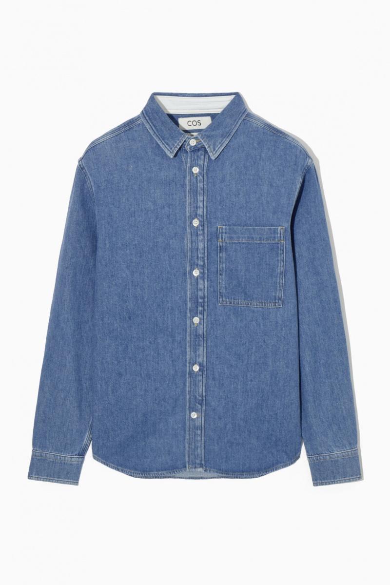 Men's COS Cotton And Linen-Blend Denim Shirts Blue NZ-24VWJGFMN