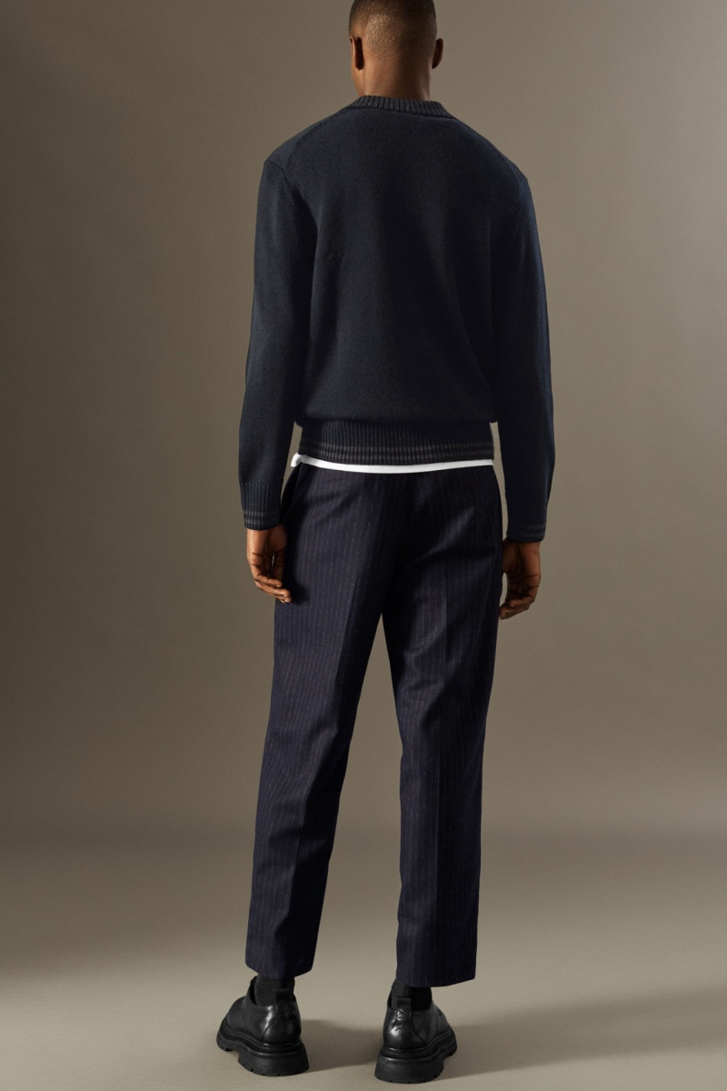 Men's COS Cropped Pinstriped Wool Straight Trousers Navy NZ-14GCKXSUJ