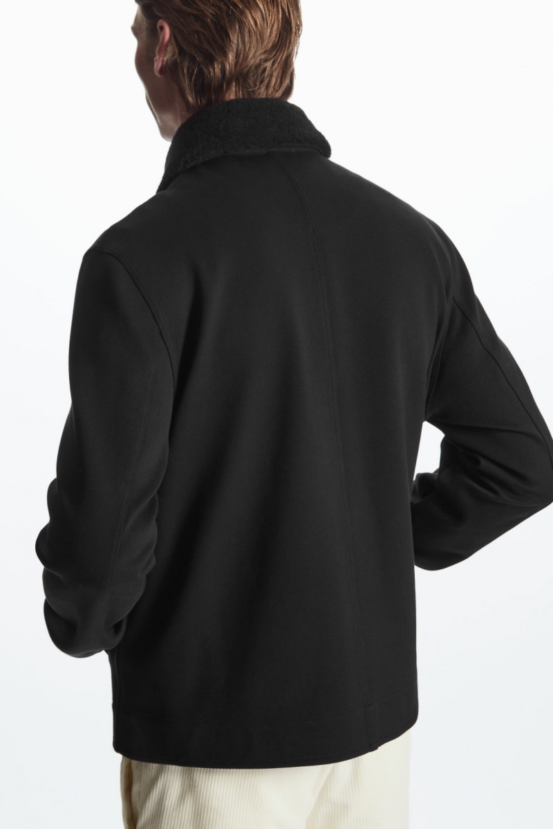 Men's COS Detachable-Collar Twill Jackets Black NZ-30ASBLOPK
