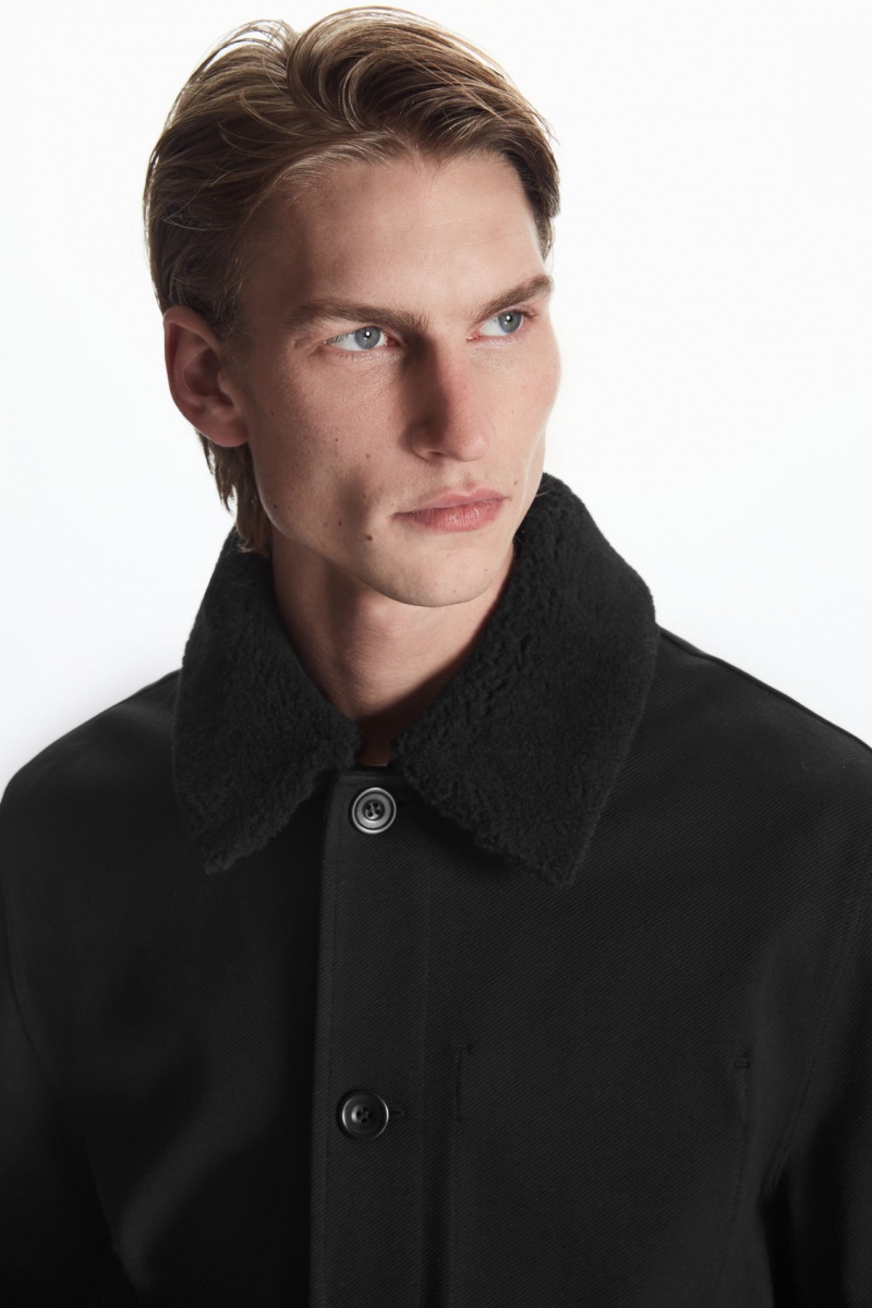 Men's COS Detachable-Collar Twill Jackets Black NZ-30ASBLOPK