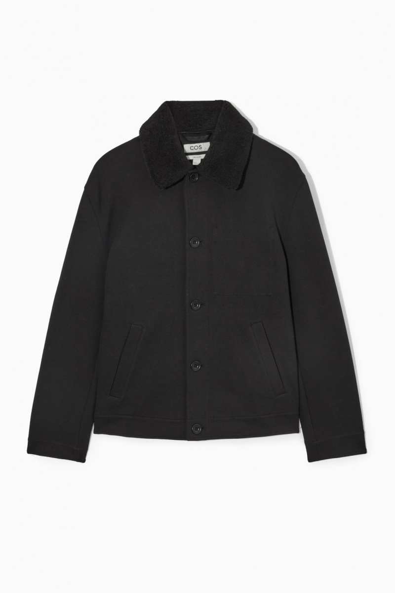 Men's COS Detachable-Collar Twill Jackets Black NZ-30ASBLOPK