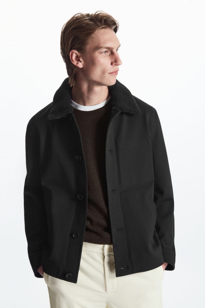 Men\'s COS Detachable-Collar Twill Jackets Black NZ-30ASBLOPK