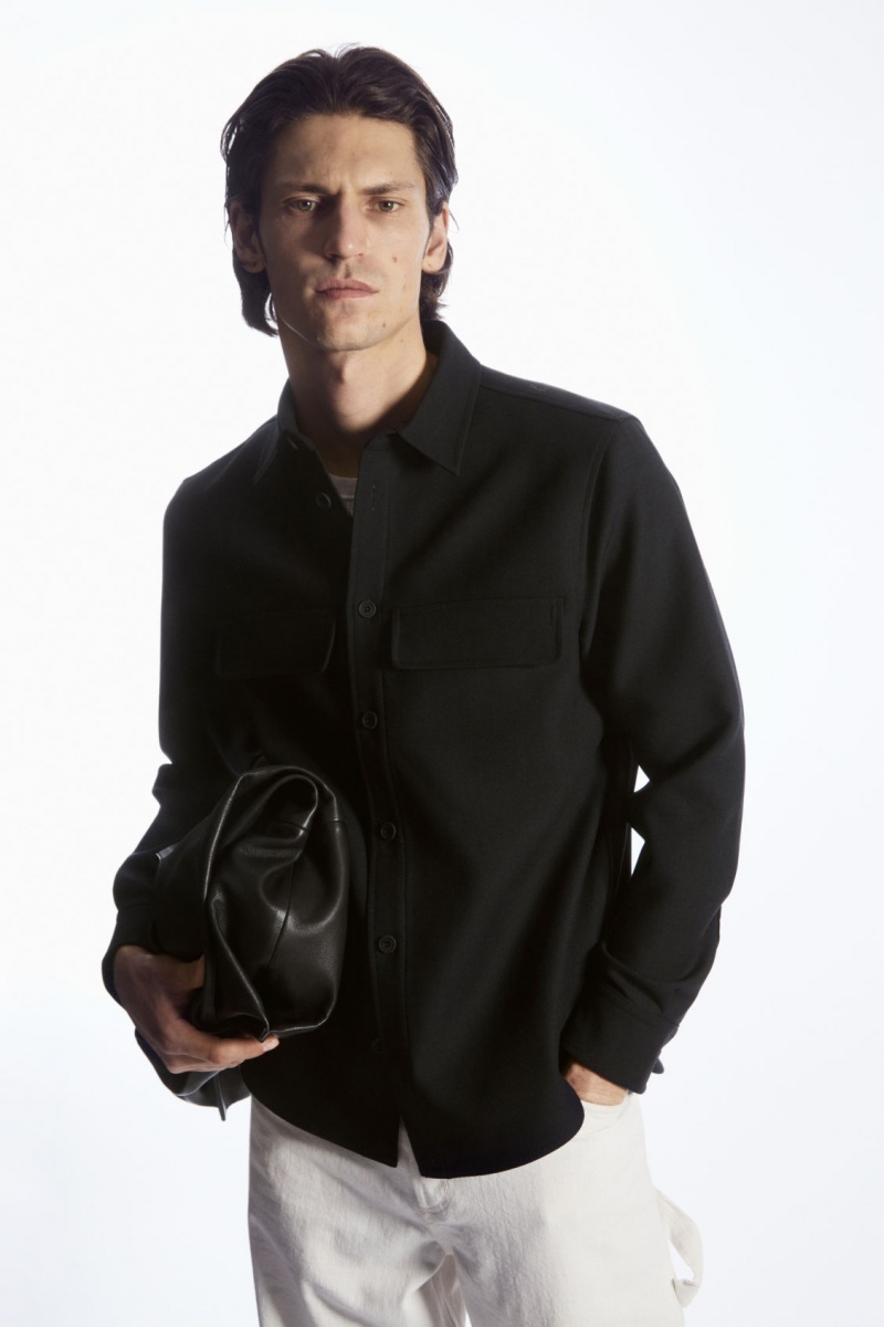 Men's COS Flap-Pocket Wool-Blend Overshirt Shirts Black NZ-09NOYQLTU