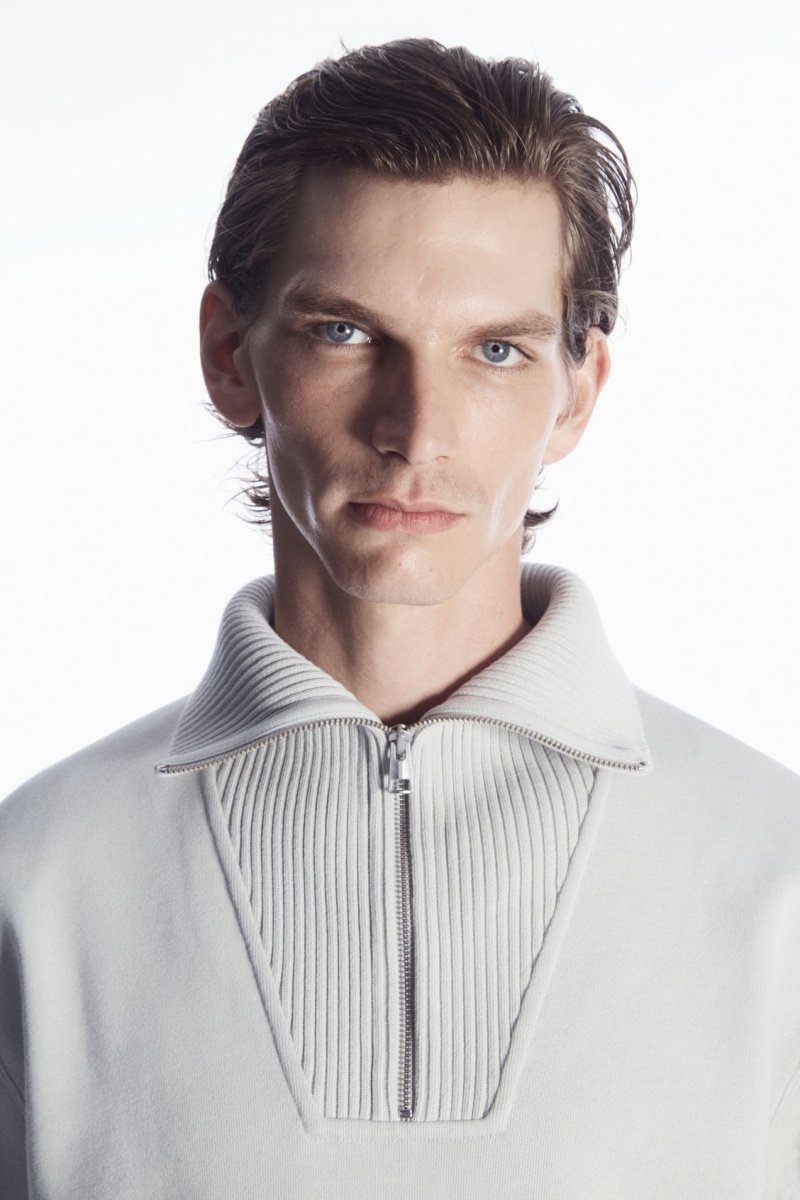 Men's COS Funnel-Neck Half-Zip Sweatshirt Grey NZ-03YUVRQZJ