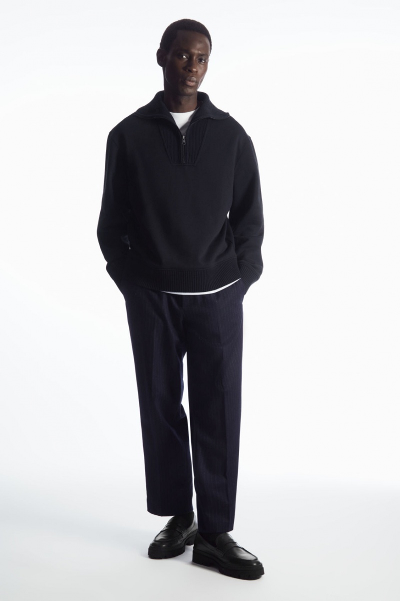 Men's COS Funnel-Neck Half-Zip Sweatshirt Navy NZ-23MLJSETV
