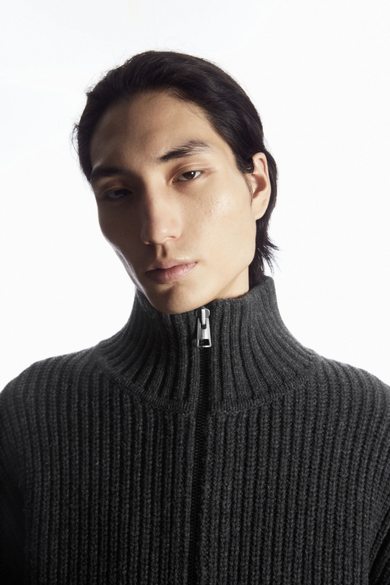 Men's COS Funnel-Neck Knitted Wool Jackets Dark Grey NZ-29ZBWIREL