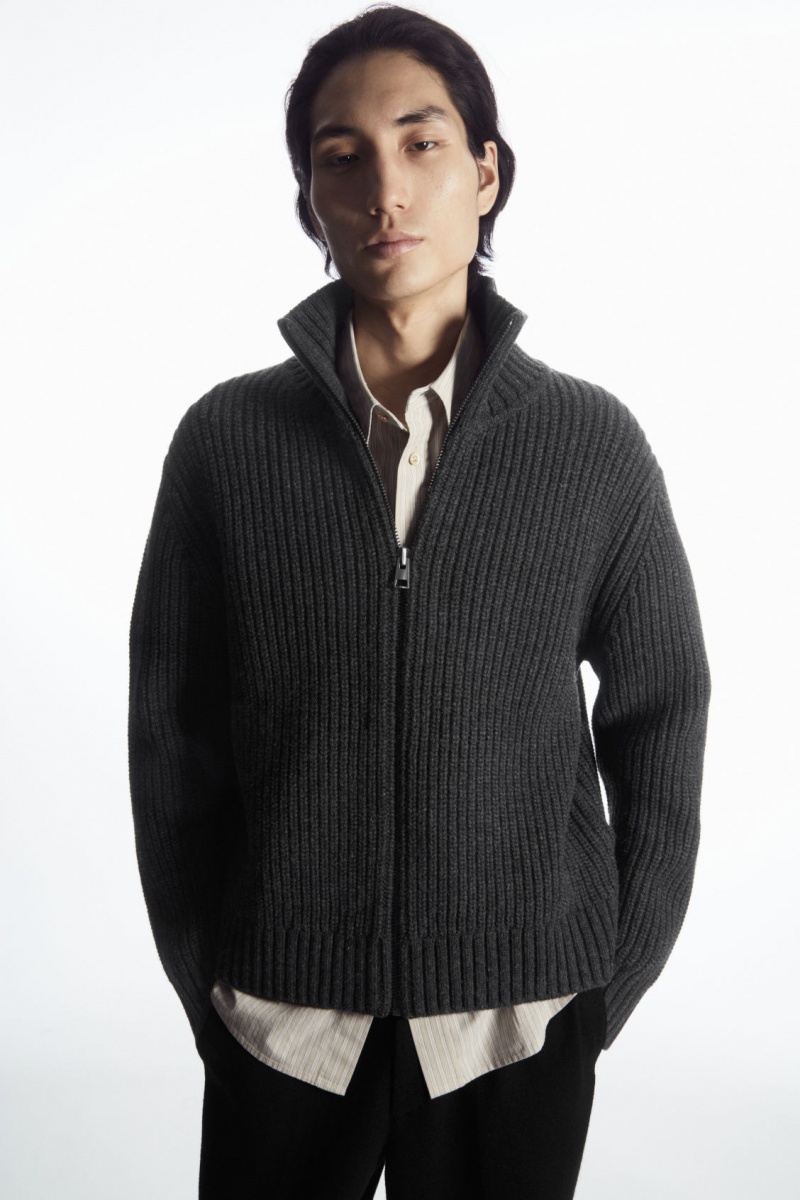 Men\'s COS Funnel-Neck Knitted Wool Jackets Dark Grey NZ-29ZBWIREL