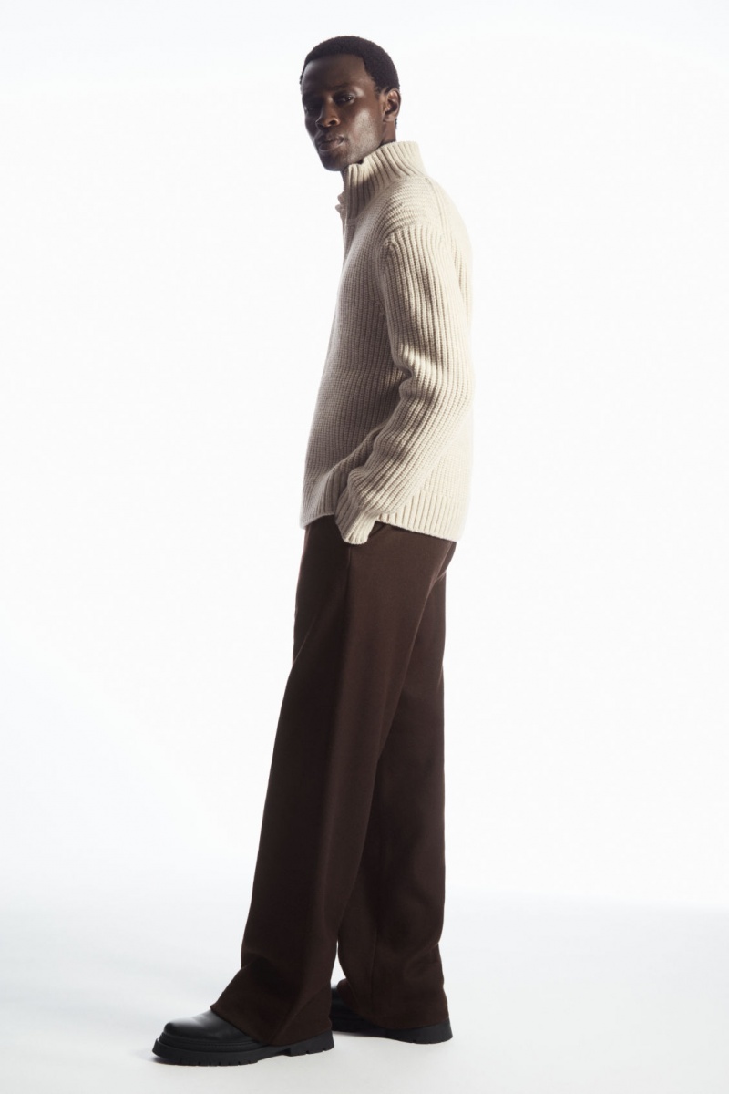 Men's COS Funnel-Neck Knitted Wool Jackets Light Beige NZ-74DITUQER