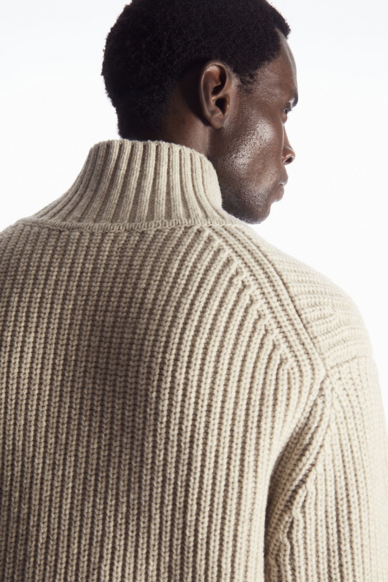 Men's COS Funnel-Neck Knitted Wool Jackets Light Beige NZ-74DITUQER