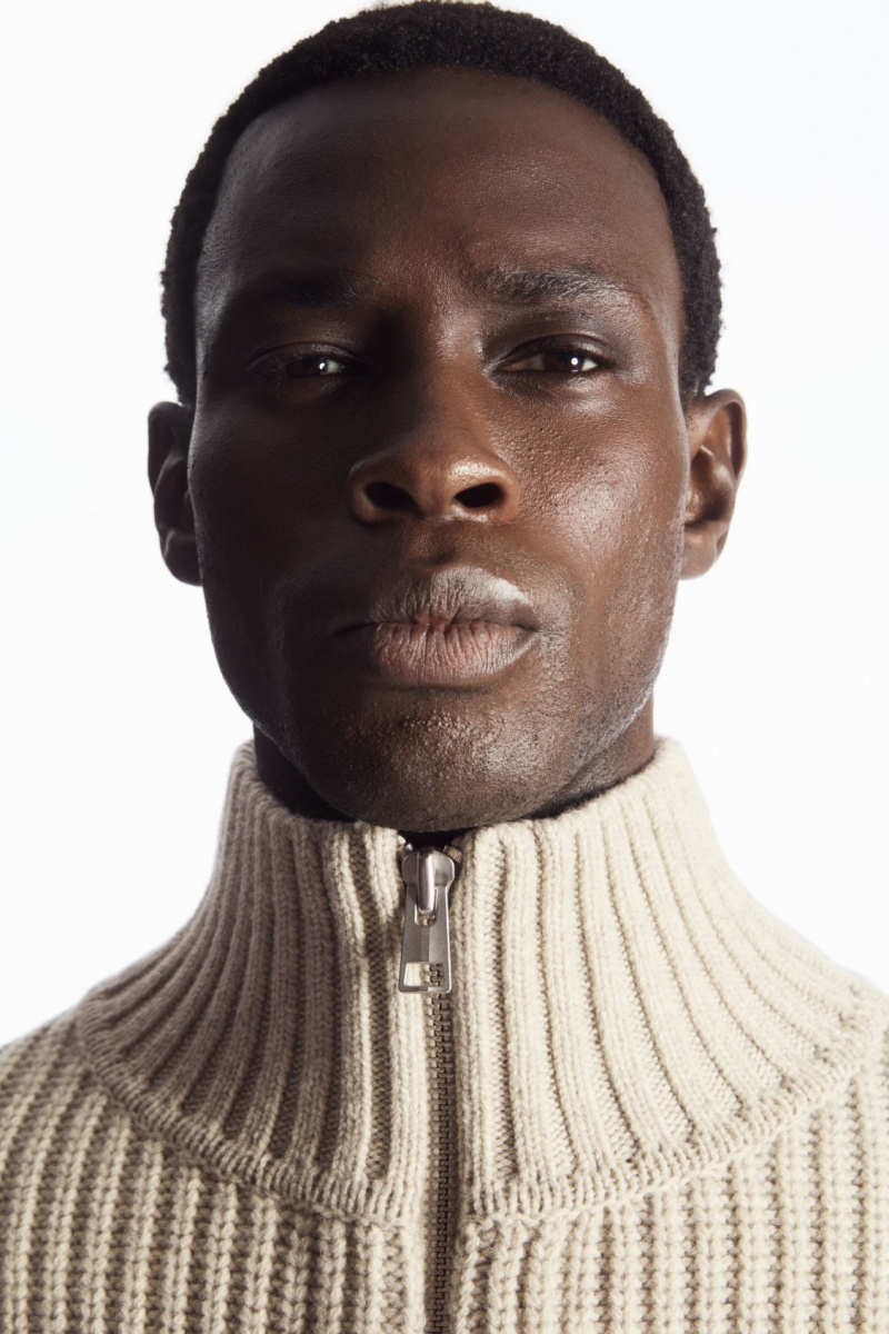Men's COS Funnel-Neck Knitted Wool Jackets Light Beige NZ-74DITUQER
