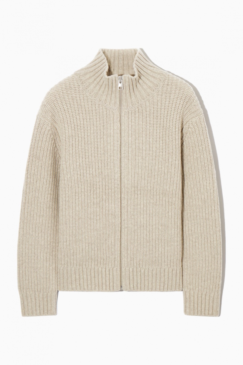 Men's COS Funnel-Neck Knitted Wool Jackets Light Beige NZ-74DITUQER