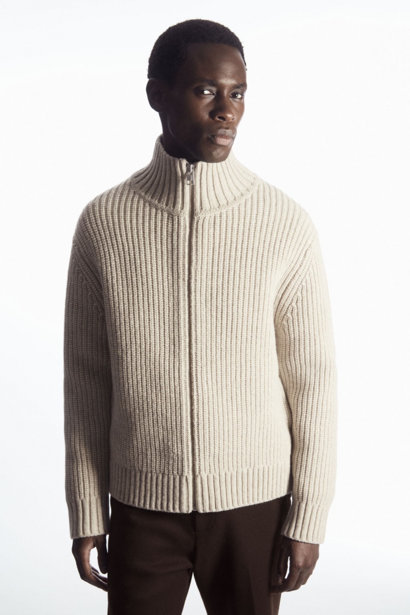 Men\'s COS Funnel-Neck Knitted Wool Jackets Light Beige NZ-74DITUQER