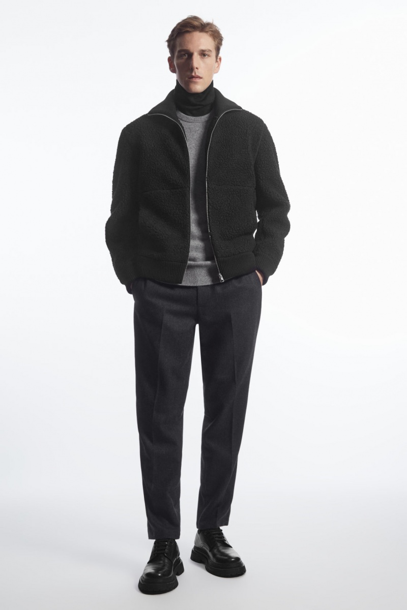 Men's COS Funnel-Neck Teddy Jackets Black NZ-46UCDKHNE