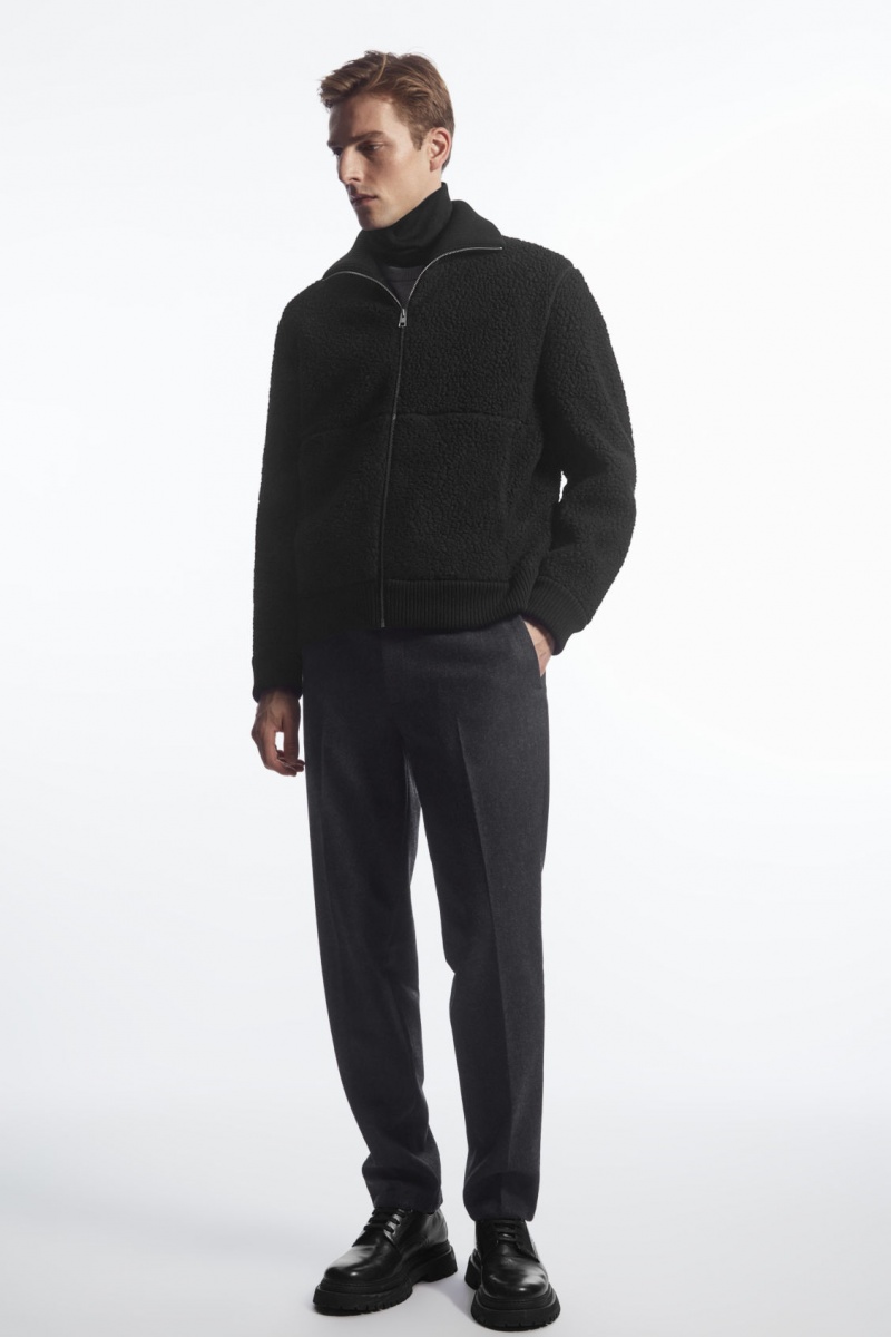Men's COS Funnel-Neck Teddy Jackets Black NZ-46UCDKHNE