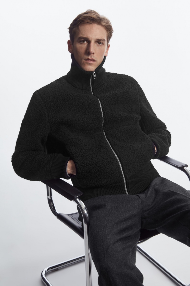 Men's COS Funnel-Neck Teddy Jackets Black NZ-46UCDKHNE