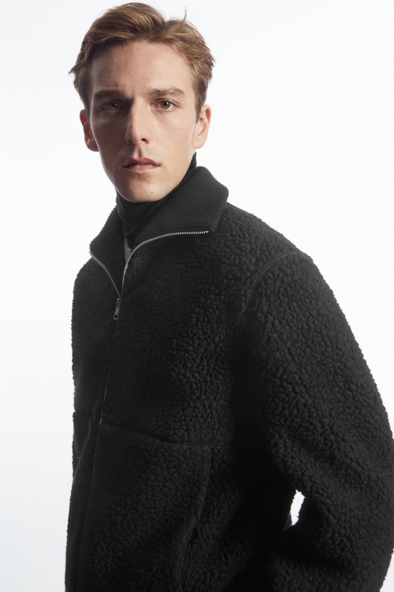 Men's COS Funnel-Neck Teddy Jackets Black NZ-46UCDKHNE