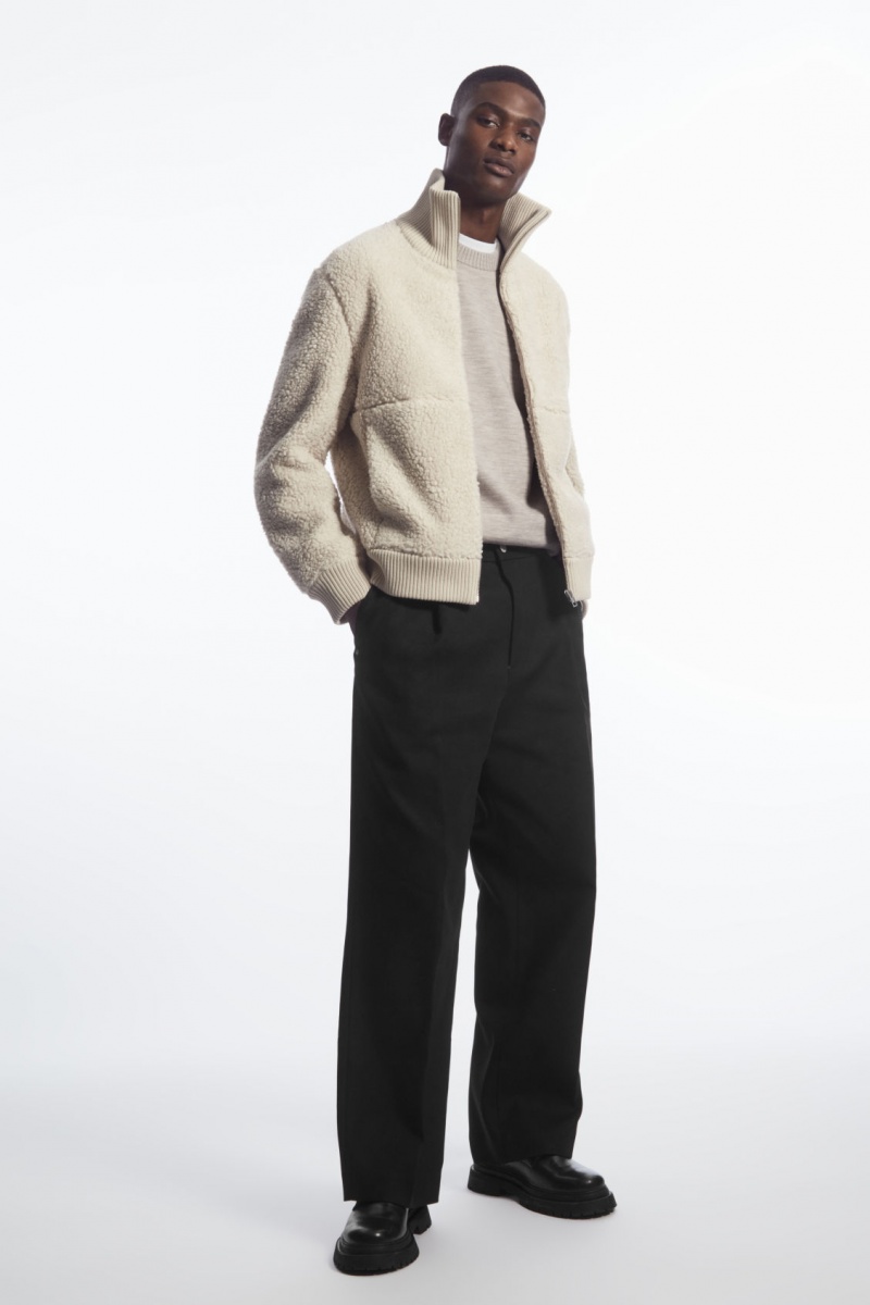 Men's COS Funnel-Neck Teddy Jackets Light Beige NZ-79SOCHFAB
