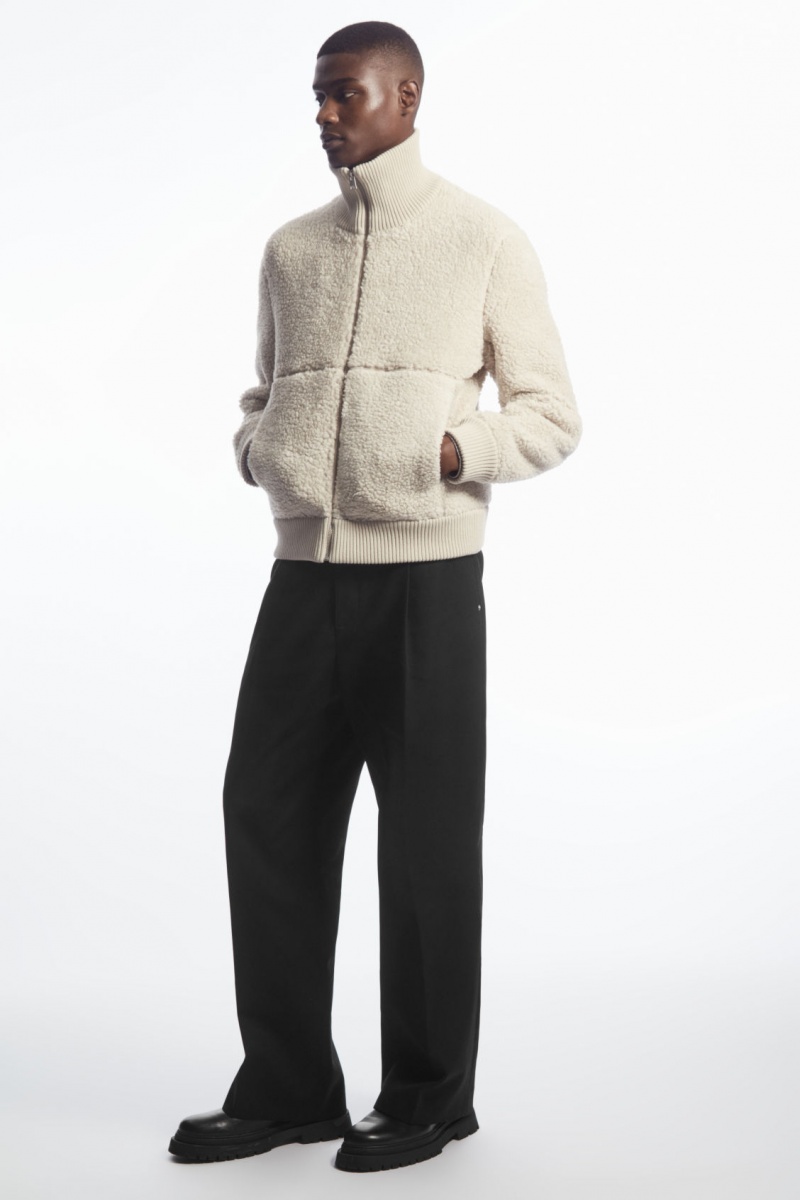 Men's COS Funnel-Neck Teddy Jackets Light Beige NZ-79SOCHFAB