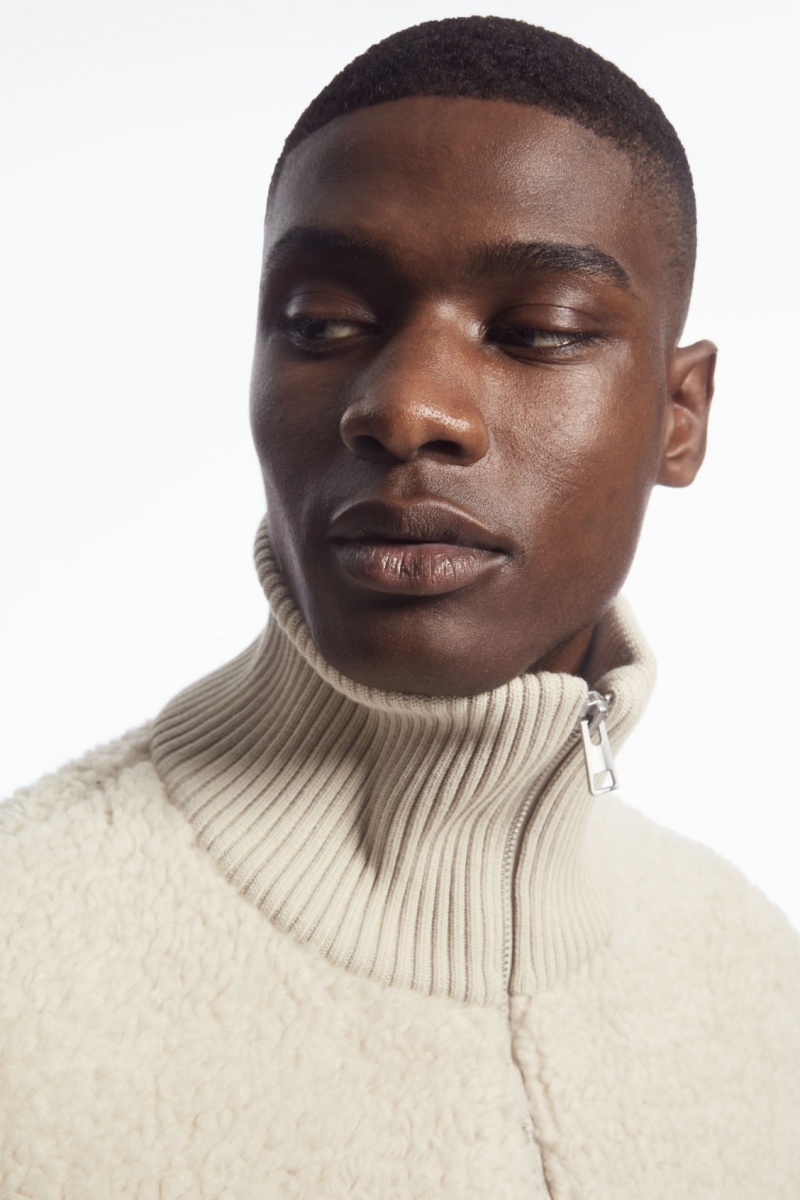 Men's COS Funnel-Neck Teddy Jackets Light Beige NZ-79SOCHFAB