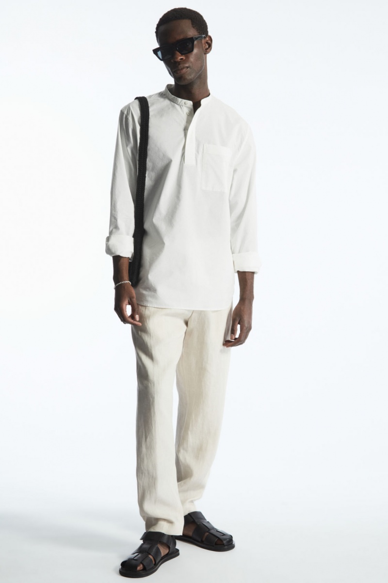 Men's COS Grandad-Collar Half-Placket Shirts White NZ-74SEFKACD