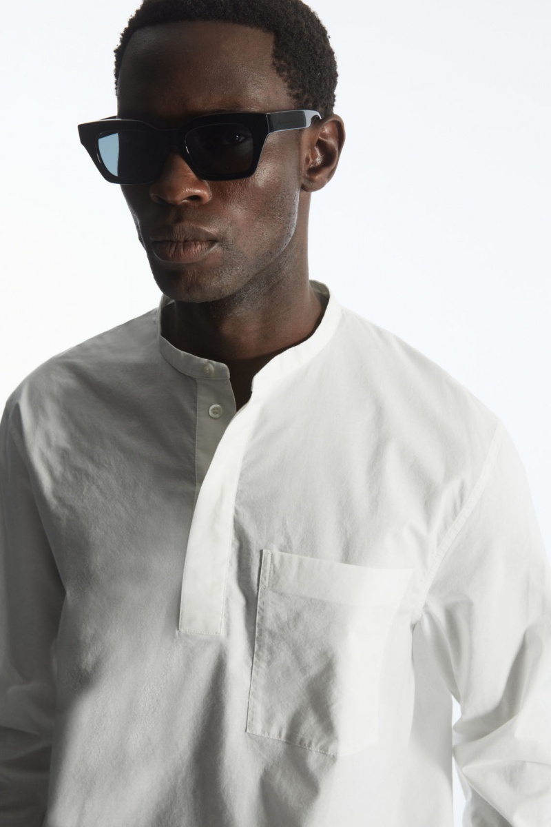 Men's COS Grandad-Collar Half-Placket Shirts White NZ-74SEFKACD