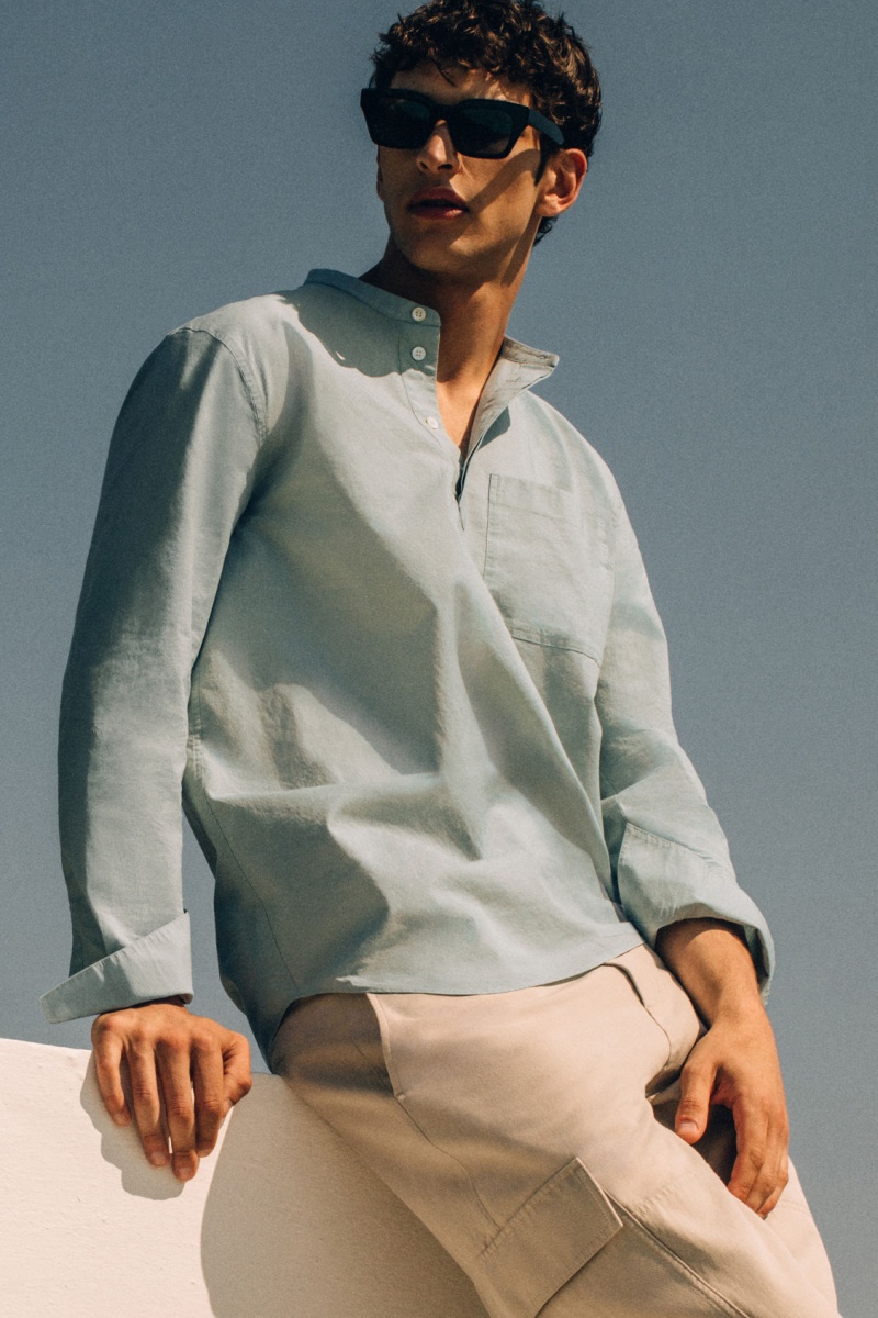 Men's COS Grandad-Collar Half-Placket Shirts Light Turquoise NZ-13ANSYWDZ