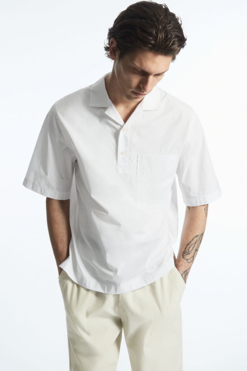 Men's COS Half-Placket Short-Sleeved Shirts White NZ-06BNZYQOU