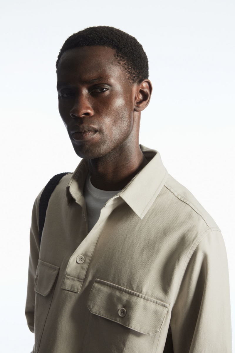 Men\'s COS Half-Placket Utility Overshirt Shirts Beige NZ-57GSUKQPF
