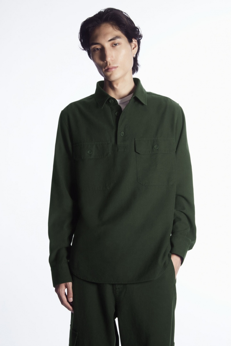 Men's COS Half-Placket Utility Overshirt Shirts Dark Green NZ-81IPMSOHG