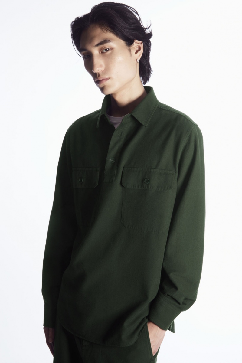 Men\'s COS Half-Placket Utility Overshirt Shirts Dark Green NZ-81IPMSOHG