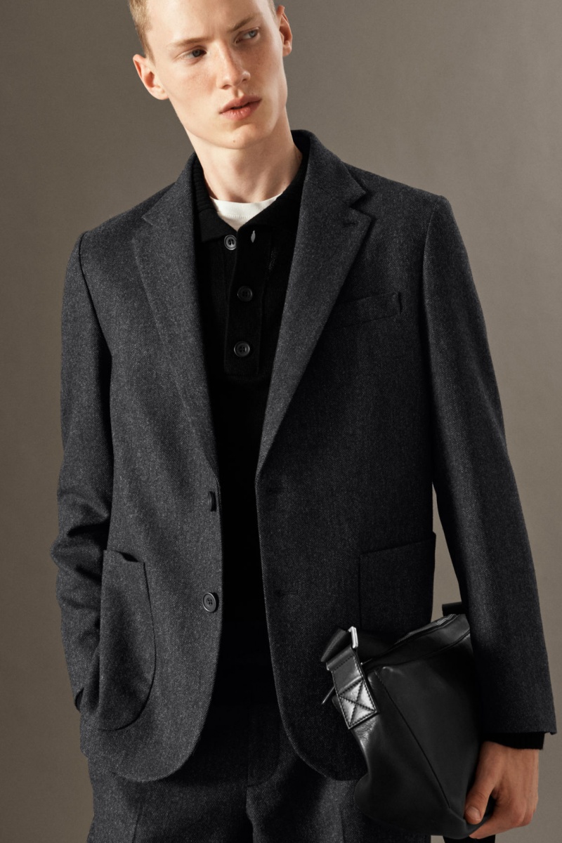 Men\'s COS Herringbone Wool Regular Blazer Dark Grey NZ-81IUVYODR