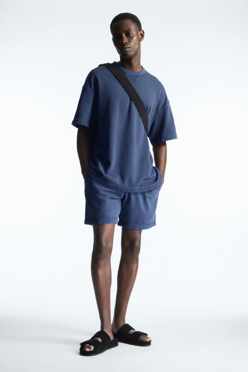 Men\'s COS Jersey Drawstring Shorts Dark Blue NZ-64XDZKRIA