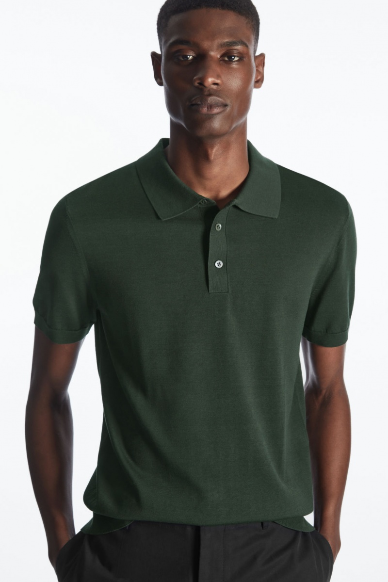 Men\'s COS Knitted Silk Polo Shirts Dark Green NZ-97RYSPKDQ