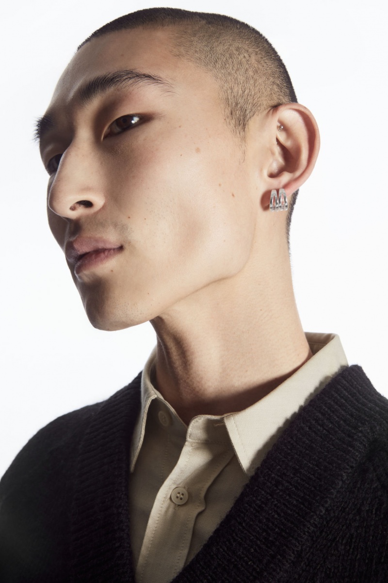 Men's COS Layered Double Hoop Earrings Silver NZ-01TDHZLYB