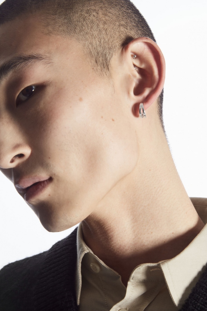 Men's COS Layered Double Hoop Earrings Silver NZ-01TDHZLYB