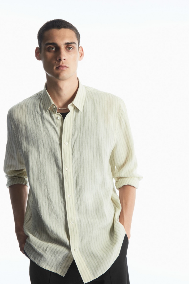 Men's COS Long-Sleeved Striped Linen Shirts Green / Cream NZ-87BHLRTCE