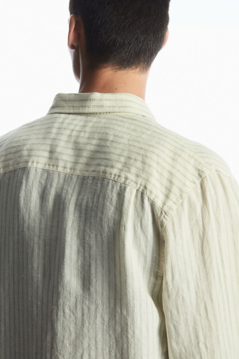 Men's COS Long-Sleeved Striped Linen Shirts Green / Cream NZ-87BHLRTCE
