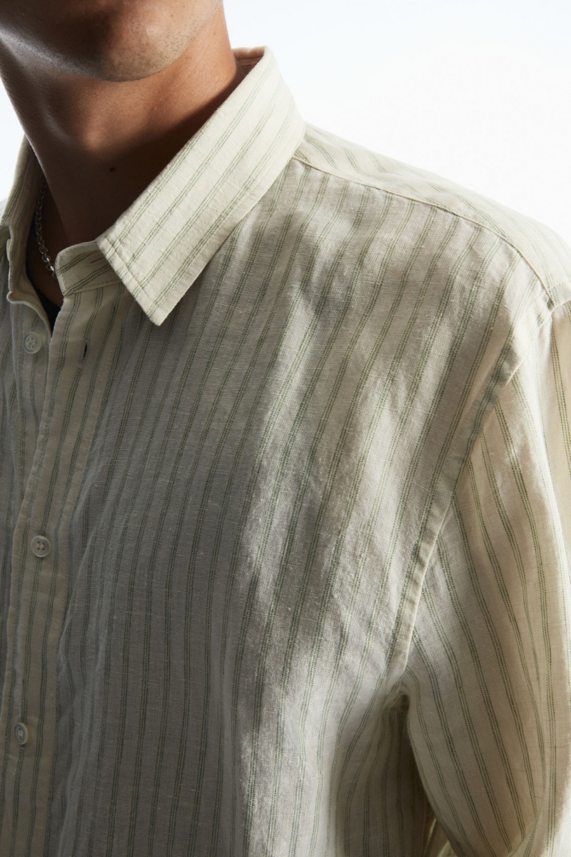 Men's COS Long-Sleeved Striped Linen Shirts Green / Cream NZ-87BHLRTCE