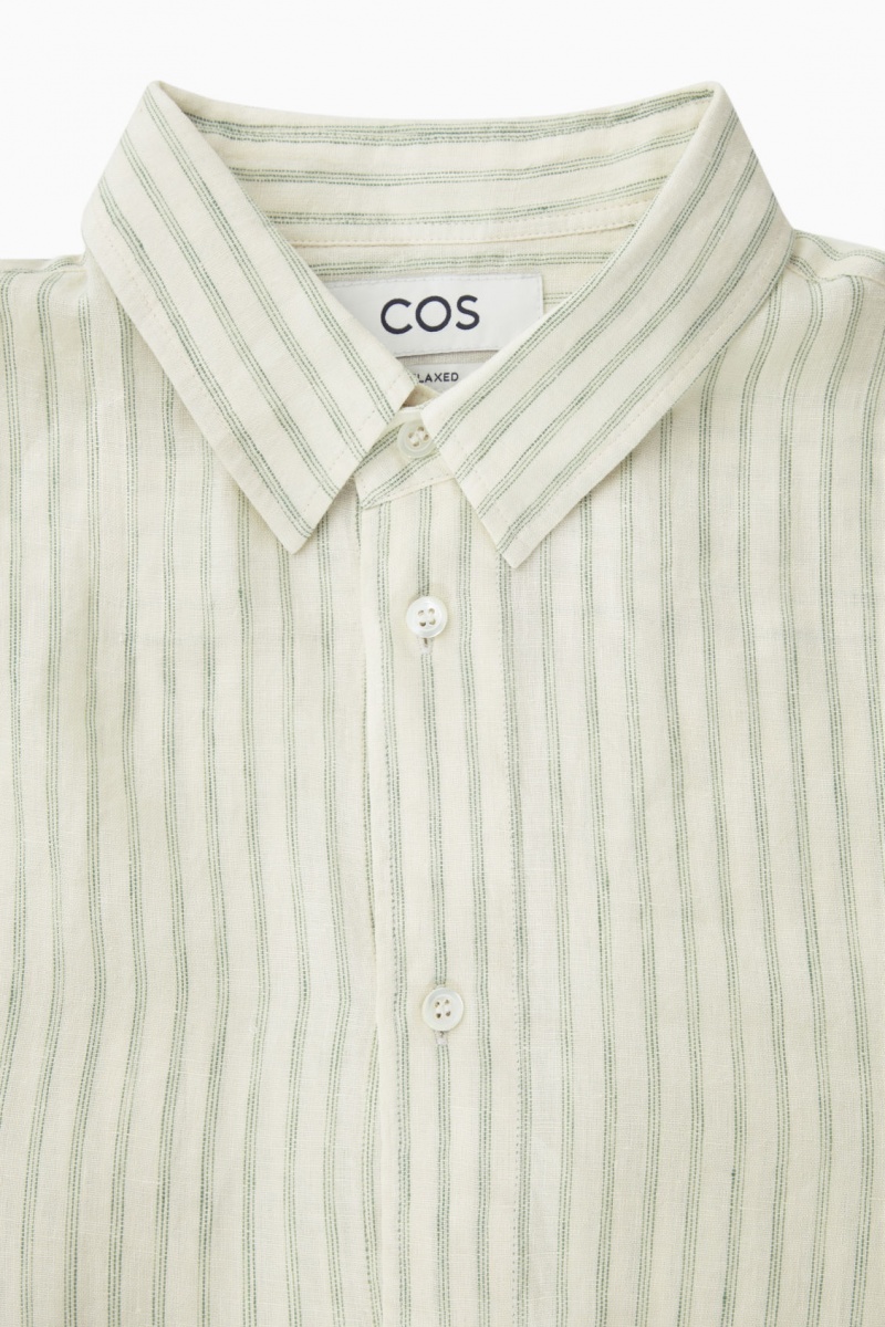 Men's COS Long-Sleeved Striped Linen Shirts Green / Cream NZ-87BHLRTCE