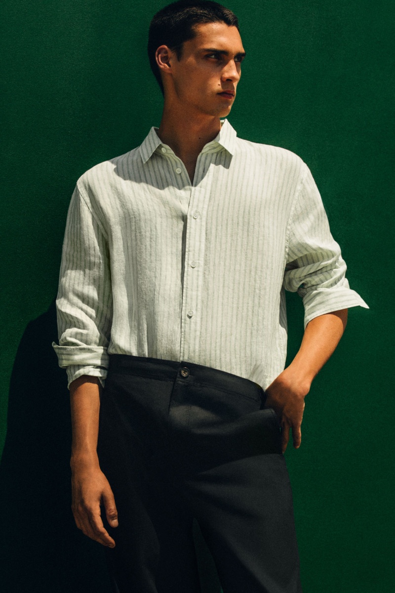 Men's COS Long-Sleeved Striped Linen Shirts Green / Cream NZ-87BHLRTCE