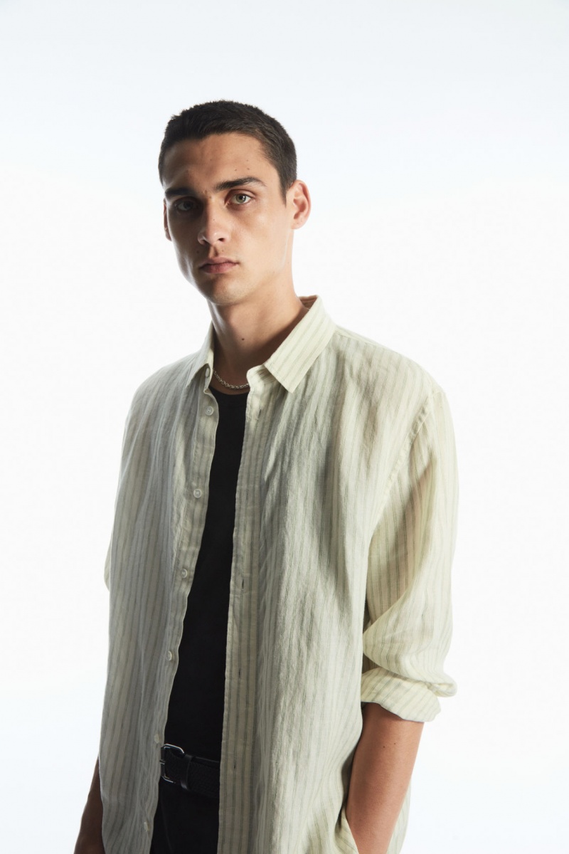 Men\'s COS Long-Sleeved Striped Linen Shirts Green / Cream NZ-87BHLRTCE