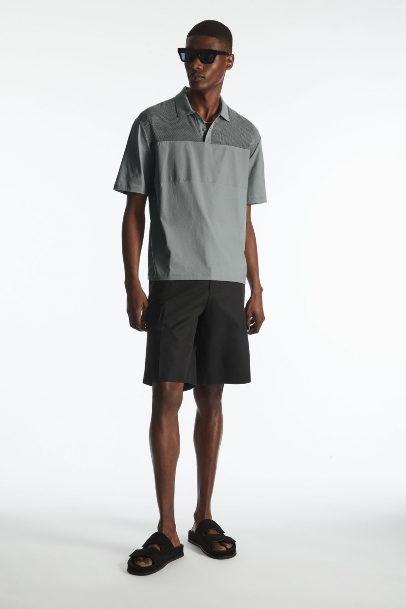 Men's COS Mesh-Panel Polo Shirts Grey NZ-60ESMCZAH