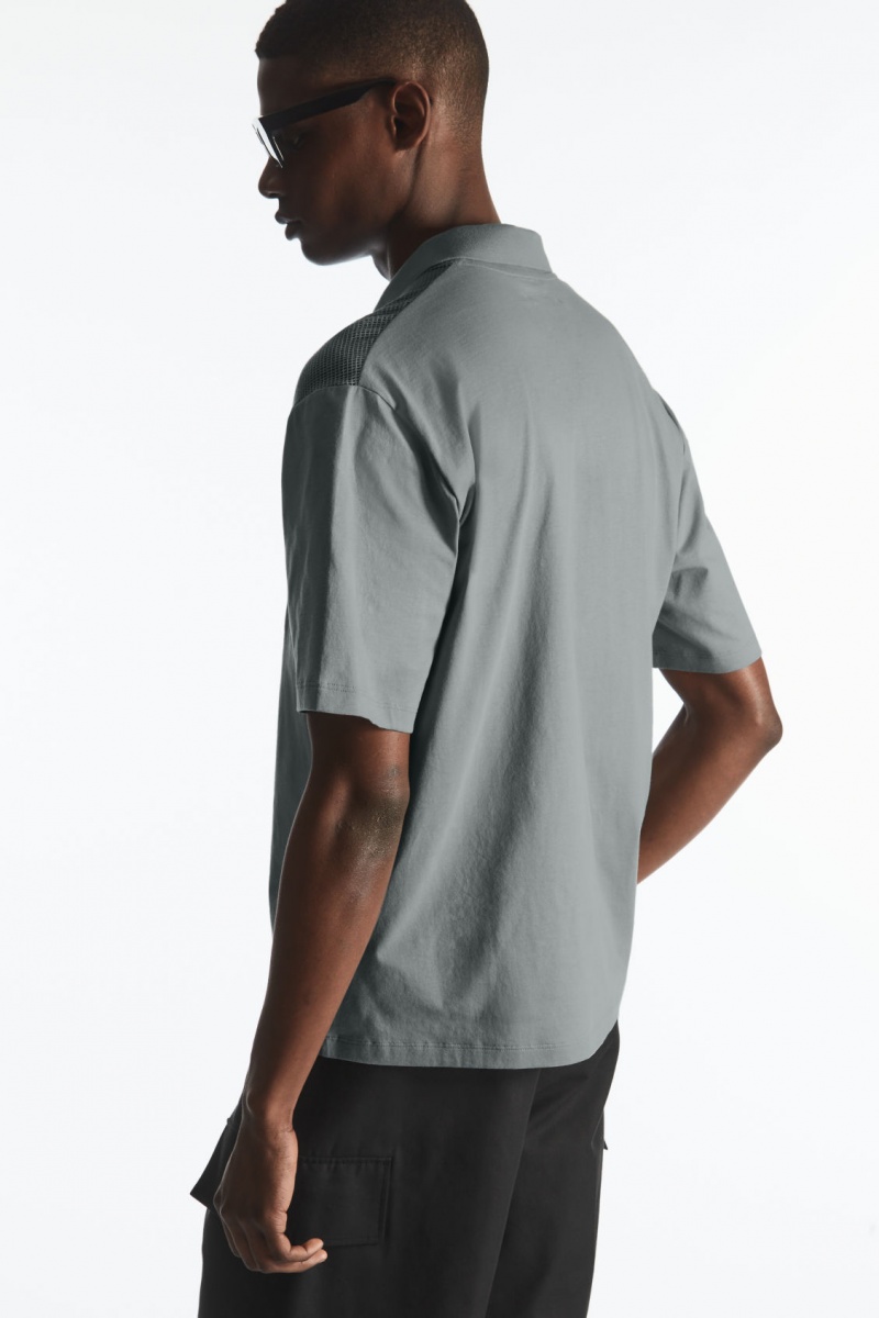 Men's COS Mesh-Panel Polo Shirts Grey NZ-60ESMCZAH