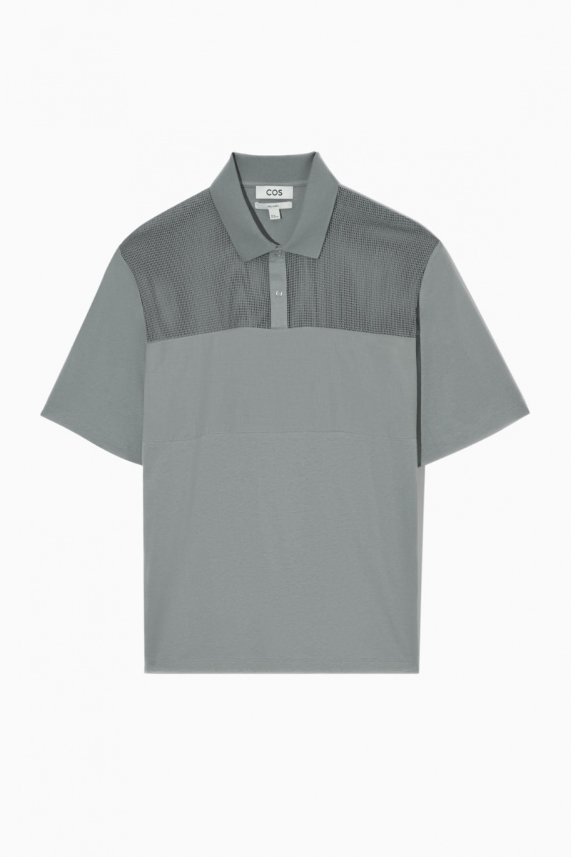 Men's COS Mesh-Panel Polo Shirts Grey NZ-60ESMCZAH