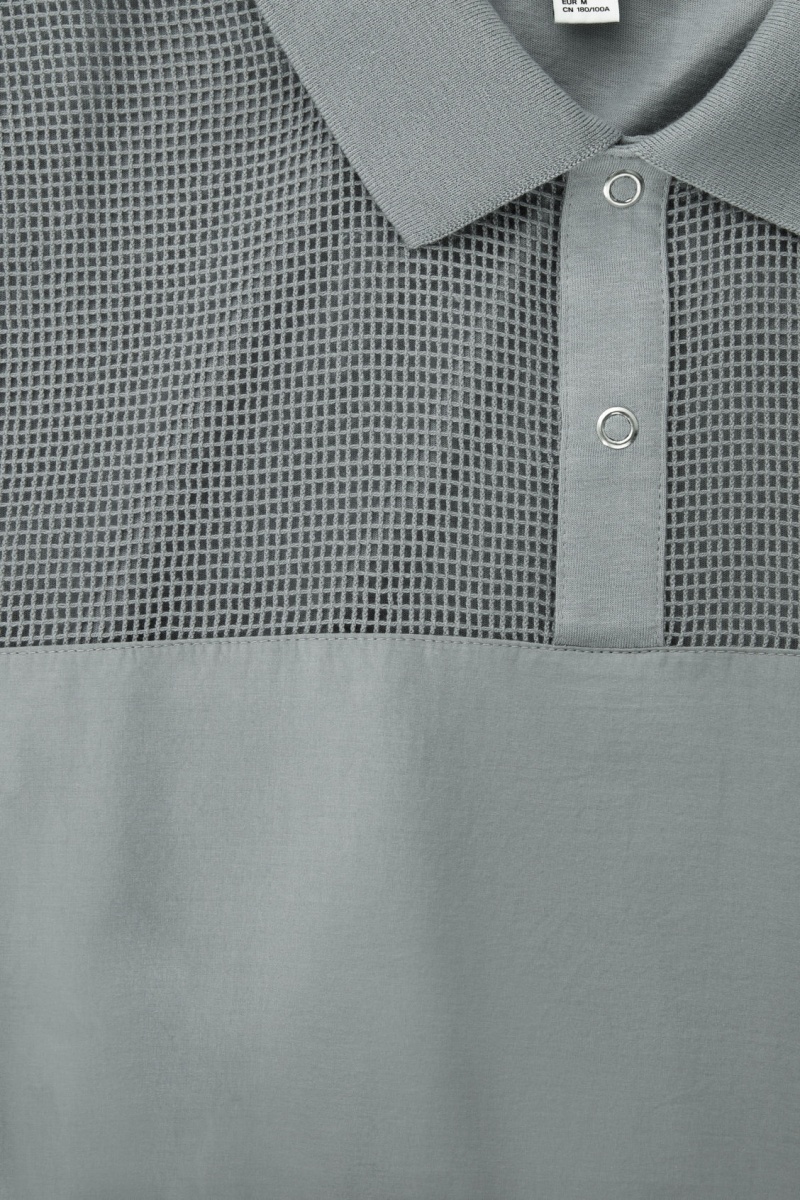 Men's COS Mesh-Panel Polo Shirts Grey NZ-60ESMCZAH